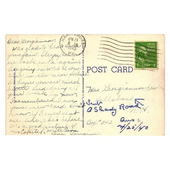 Vintage 1940 Harrisburg PA State Capitol Linen Postcard  Postmark USA Roadside - Picture 2 of 2